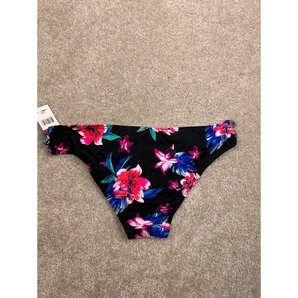 SUNDAZED Women's Black Floral Pink Bikini Bottom Multi Strap Size S‎ Nylon
